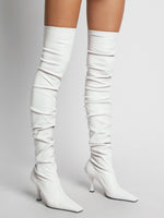 Image of model wearing Trap Over the Knee Boots in White