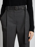 Detail image of model wearing Upcycled Wool Carrot Pants in CHARCOAL