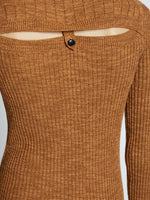 Detail image of model wearing Fine Gauge Rib Knit Top in CHESTNUT/BLACK
