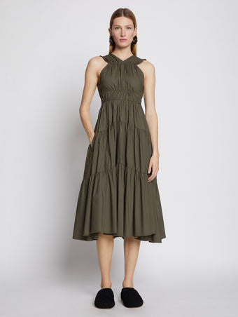 Front full length image of model wearing Poplin Gathered Tiered Dress in MILITARY