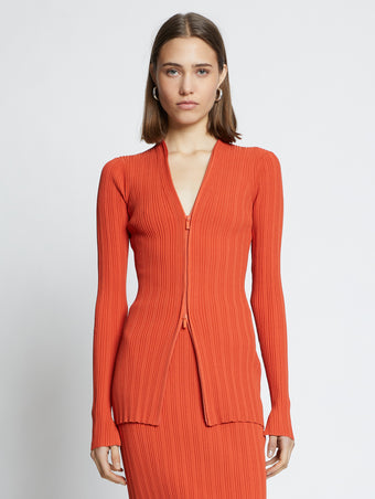 Front cropped image of model wearing Rib Knit Zip Cardigan in BRIGHT ORANGE