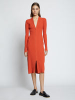 Front full length image of model wearing Rib Knit Zip Cardigan Dress in BRIGHT ORANGE