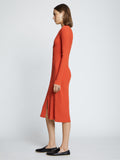 Side full length image of model wearing Rib Knit Zip Cardigan Dress in BRIGHT ORANGE