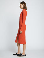 Side full length image of model wearing Rib Knit Zip Cardigan Dress in BRIGHT ORANGE