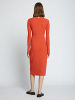 Back full length image of model wearing Rib Knit Zip Cardigan Dress in BRIGHT ORANGE