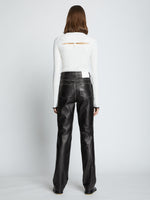 Back full length image of model wearing Leather Straight Pants in BLACK