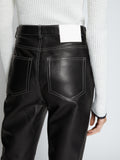 Detail image of model wearing Leather Straight Pants in BLACK
