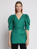 Front cropped image of model wearing Linen Viscose Shirred Sleeve Top in BRIGHT GREEN