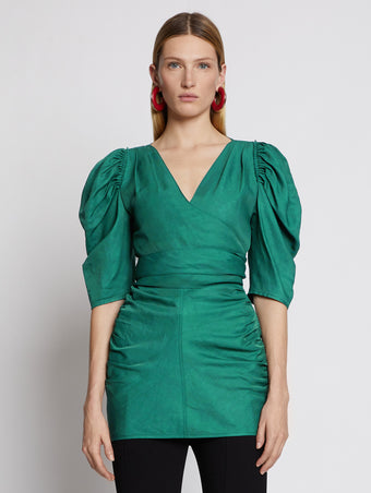 Front cropped image of model wearing Linen Viscose Shirred Sleeve Top in BRIGHT GREEN