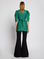 Back full length image of model wearing Linen Viscose Shirred Sleeve Top in BRIGHT GREEN