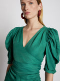 Detail image of model wearing Linen Viscose Shirred Sleeve Top in BRIGHT GREEN