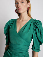 Detail image of model wearing Linen Viscose Shirred Sleeve Top in BRIGHT GREEN