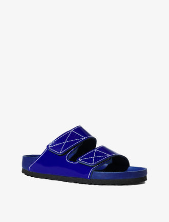 Proenza Schouler front 3/4 image of Birkenstock collaboration Arizona PS EXQ Berlin Cobalt in Cobalt