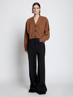 Front full length image of model wearing Eco Cashmere Cardigan in SADDLE