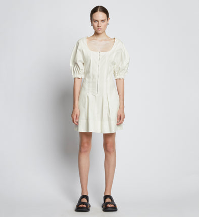 Front full length image of model wearing Cotton Linen Mini Dress in OFF WHITE