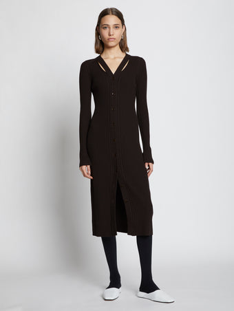 Front image of model wearing Micro Stripe Rib Knit Dress in black
