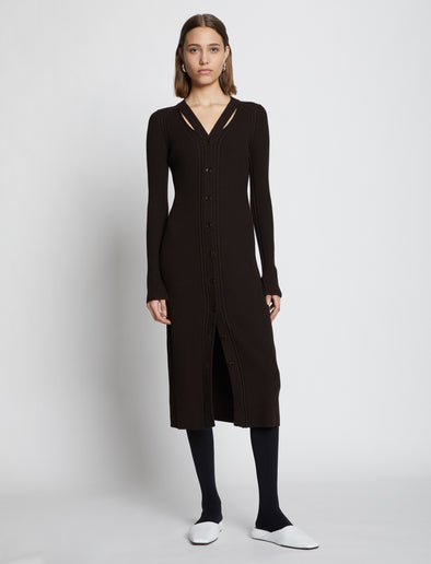 Front image of model wearing Micro Stripe Rib Knit Dress in black