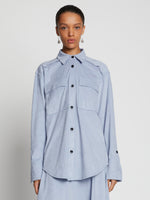 Front cropped image of model wearing Faux Suede Shirt in STONE BLUE