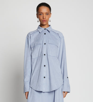 Front cropped image of model wearing Faux Suede Shirt in STONE BLUE
