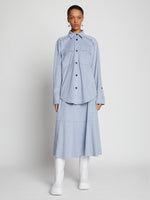 Front full length image of model wearing Faux Suede Shirt in STONE BLUE