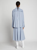 Back full length image of model wearing Faux Suede Shirt in STONE BLUE
