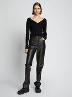 Front full length image of model wearing Leather Straight Pant in BLACK