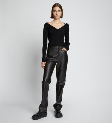 Front full length image of model wearing Leather Straight Pant in BLACK
