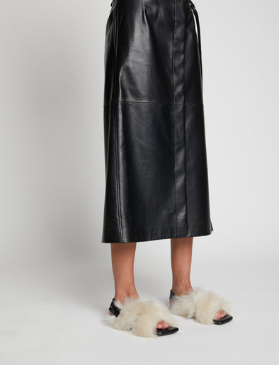 Image of model wearing Square Shearling Sandal in CREAM/BLACK