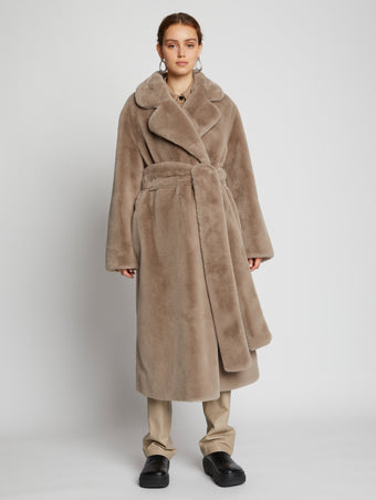 Front cropped image of model wearing Faux Fur Belted Coat in TAUPE