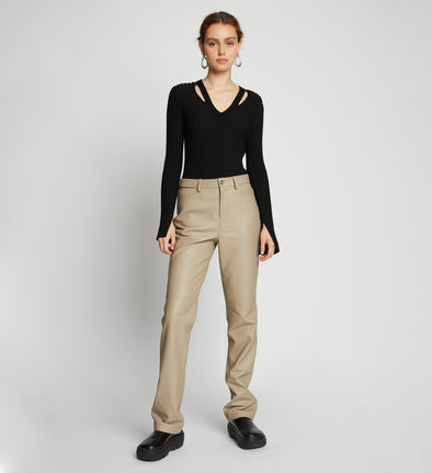Front full length image of model wearing Leather Straight Pants in TAUPE
