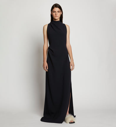 Front image of model in Matte Crepe Backless Dress in black