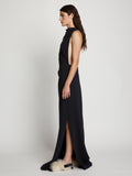 Side image of model in Matte Crepe Backless Dress in black