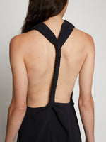 Detail image of model in Matte Crepe Backless Dress in black