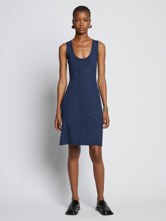 Front full length image of model wearing Melange Rib Tank Dress in BLUE/BLACK