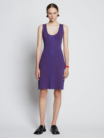 Front full length image of model wearing Melange Rib Tank Dress in RED/BLUE