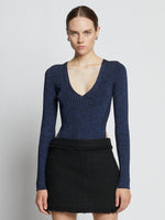 Front cropped image of model wearing Melange Rib V-Neck Top in BLUE/BLACK