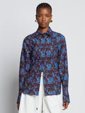 Front cropped image of model wearing Sunflower Poplin Shirt in sky blue/wine