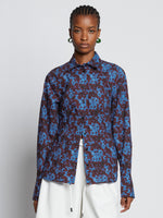 Front cropped image of model wearing Sunflower Poplin Shirt in sky blue/wine