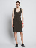 Front full length image of model wearing Melange Rib Tank Dress in CAMEL/BLACK