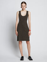 Front full length image of model wearing Melange Rib Tank Dress in CAMEL/BLACK