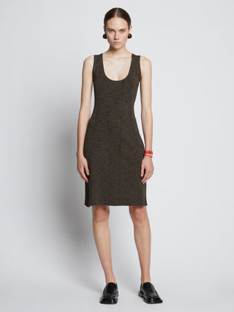 Front full length image of model wearing Melange Rib Tank Dress in CAMEL/BLACK