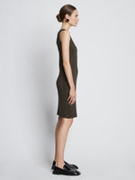 Side full length image of model wearing Melange Rib Tank Dress in CAMEL/BLACK