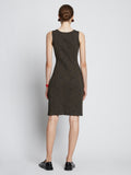 Back full length image of model wearing Melange Rib Tank Dress in CAMEL/BLACK