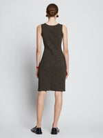 Back full length image of model wearing Melange Rib Tank Dress in CAMEL/BLACK