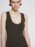 Detail image of model wearing Melange Rib Tank Dress in CAMEL/BLACK
