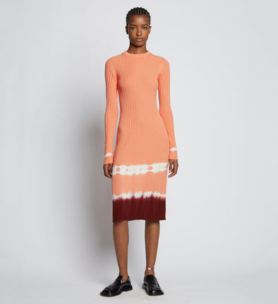 Front full length image of model wearing Rib Knit Dip Dye Dress in SALMON MULTI