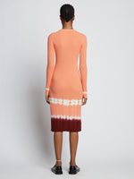 Back full length image of model wearing Rib Knit Dip Dye Dress in SALMON MULTI