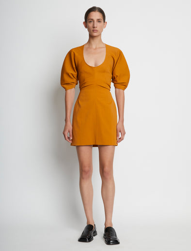 Front full length image of model wearing Technical Stretch Linen Dress in CARAMEL