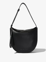 Front image of Baxter Leather Bag in BLACK with strap extended