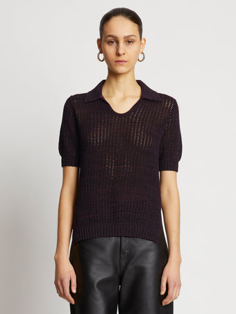 Front cropped image of model wearing Cotton Silk Pique Polo Top in BLACK/PLUM